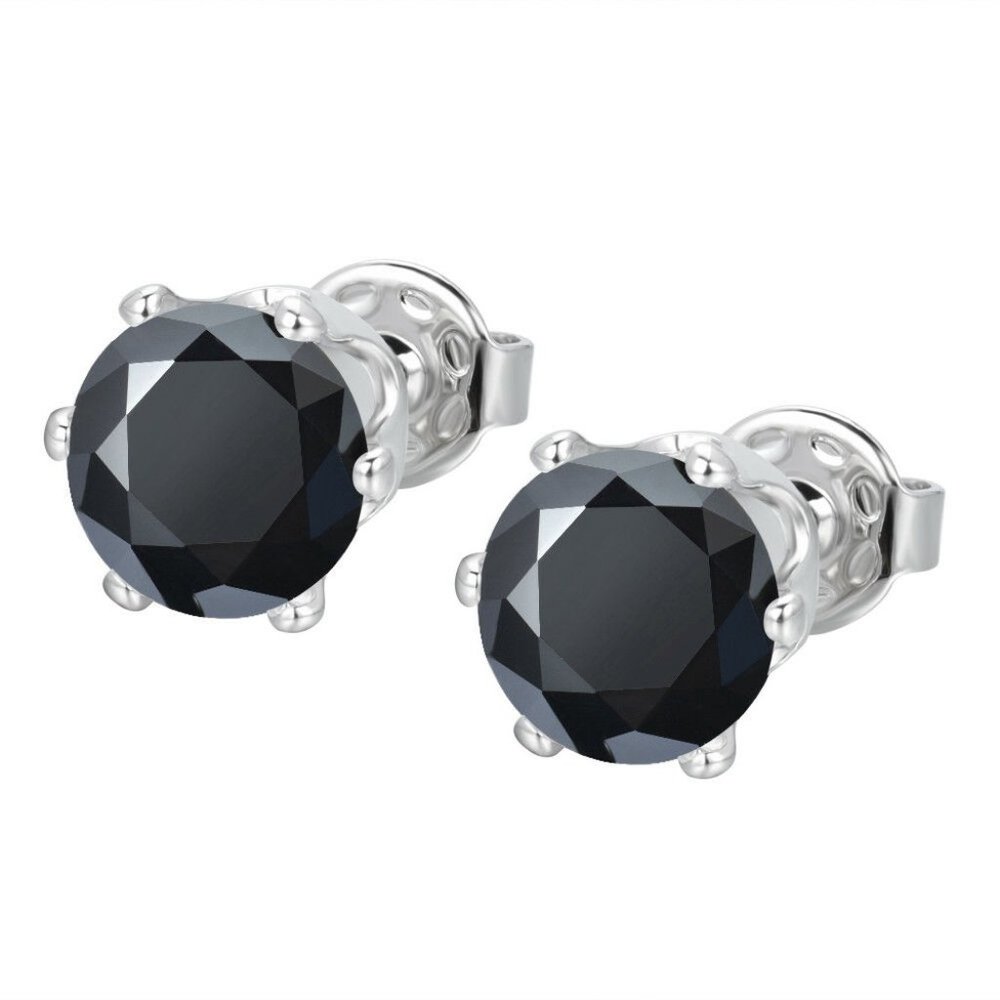 NWOT White Gold Black CZ Round Cut Stud Earrings - Picture 6 of 7